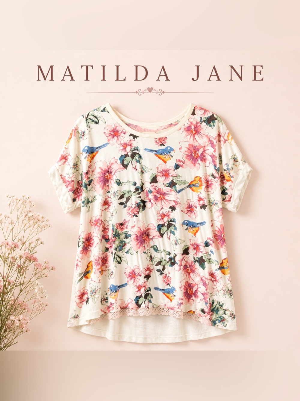 Matilda Jane Whimsical Cream Floral Tunic Tee Blouse